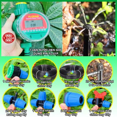 Bộ kit tưới nước cho cây nhỏ giọt tự động dùng pin 20 đầu tưới FLorain MÃ B6